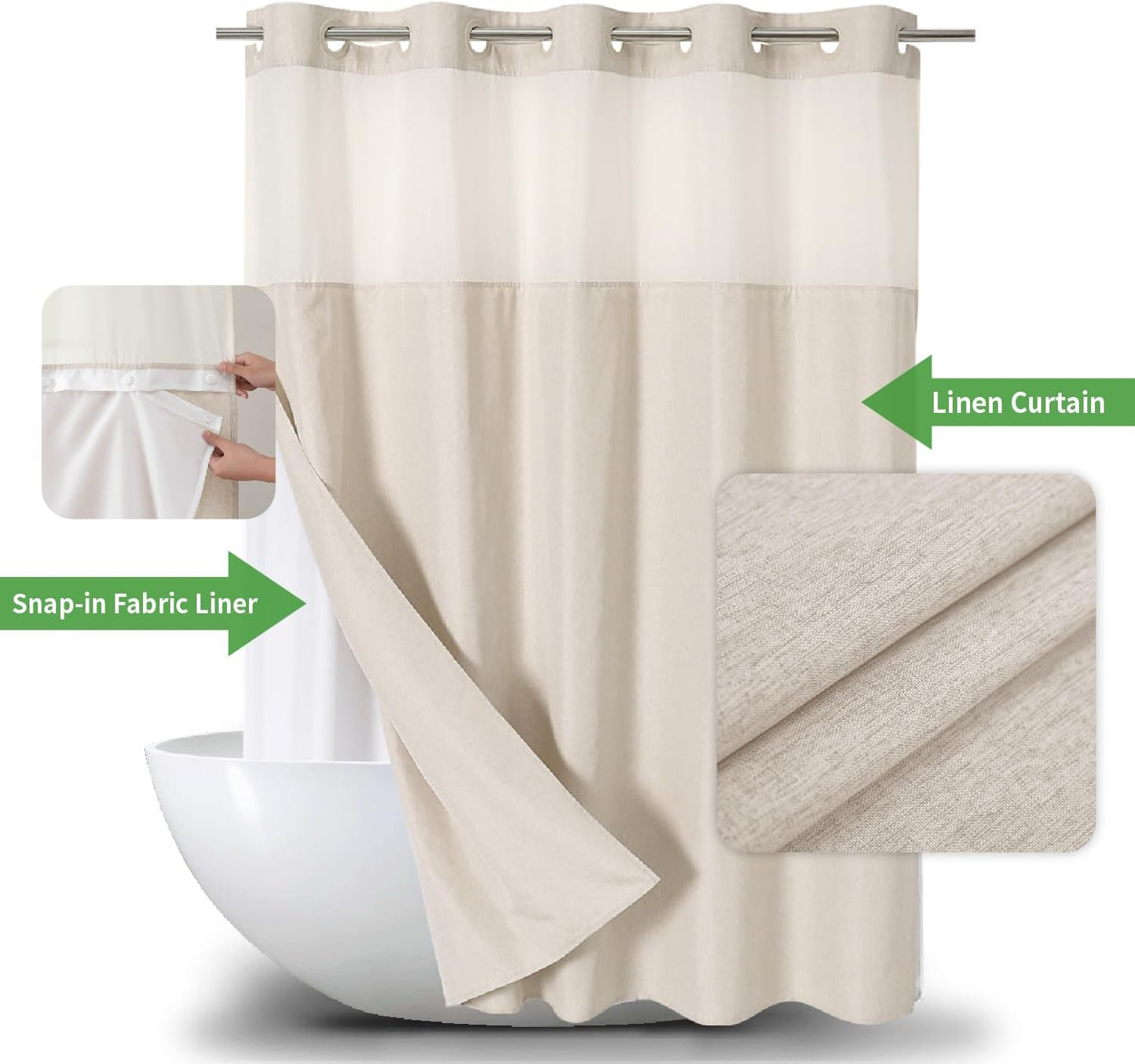 Long No Hooks Needed Linen Textured Shower Curtain with Snap-in Fabric Liner Set,Cream Hotel Luxury Decor Shower Curtains for Bathroom,Waterproof & Washable,71Wx80H