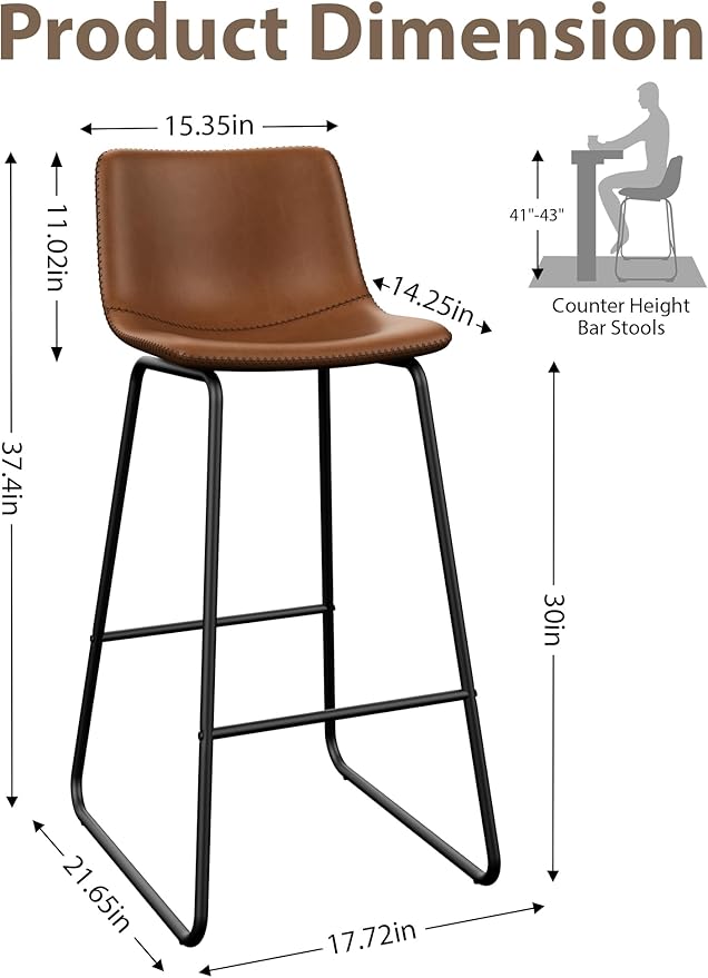 Bar Stools Set of 2, 30 Inches Counter Height Bar Stools with Back, Modern Faux Leather Barstools with Metal Legs and Footrest, Bar Chairs for Kitchens Island (Dark Brown)