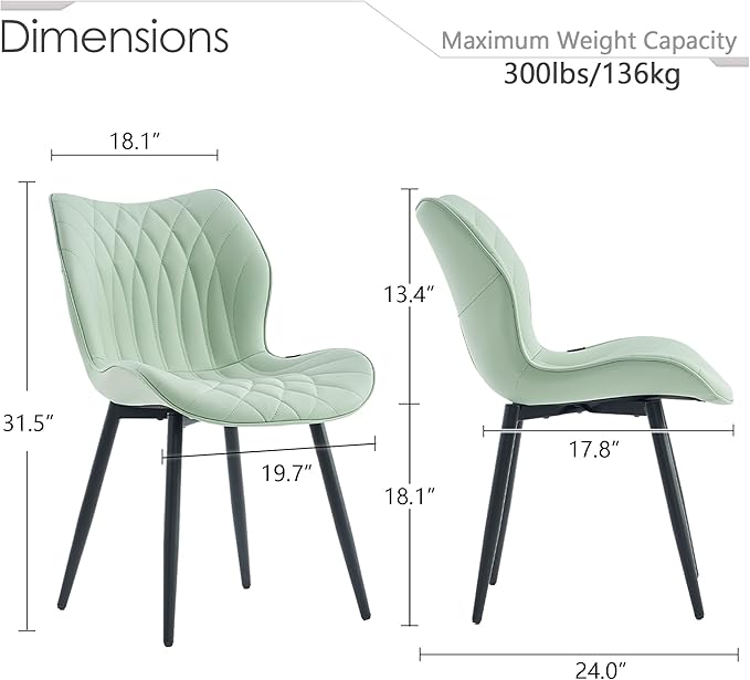 Kidol & Shellder Modern Dining Chairs Set of 2 Comfy Dining Room Chairs with Thick Cushions PU Leather Upholstered Kitchen Side Chairs with Metal Legs Mint-Green