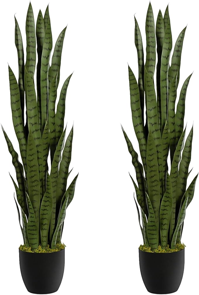 4ft Artificial Snake Plant – 46in Faux Sansevieria Plants, Fake Floor Plant for Indoor Outdoor, Front Porch Patio Home Office Decor, Mother-in-Law’s Tongue, Green 2Pcs
