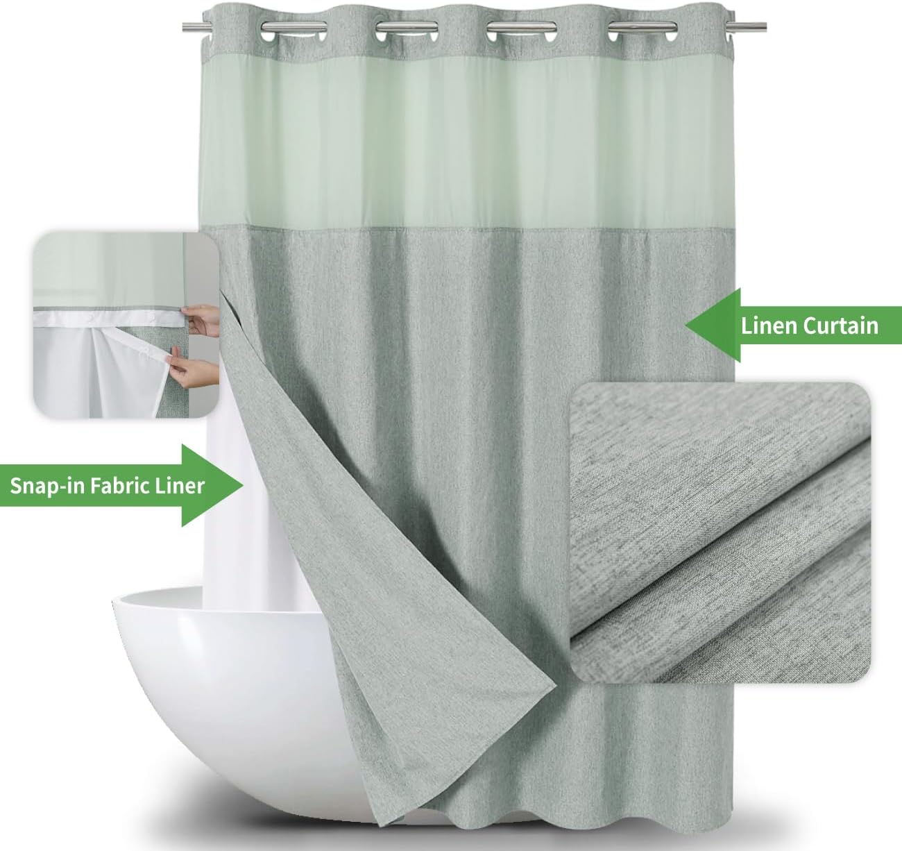 Long No Hooks Needed Linen Textured Shower Curtain with Snap-in Fabric Liner Set,Sage Green Hotel Luxury Decor Shower Curtains for Bathroom,Waterproof & Washable,71Wx80H