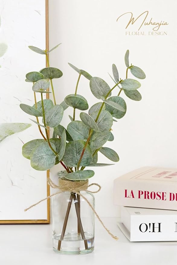 Artificial Eucalyptus Stems in Glass Vase with Faux Water,3Pcs Fake Plant with Double-Sided Green Leaves for Centerpiece(Double-Sided Green Eucalyptus)