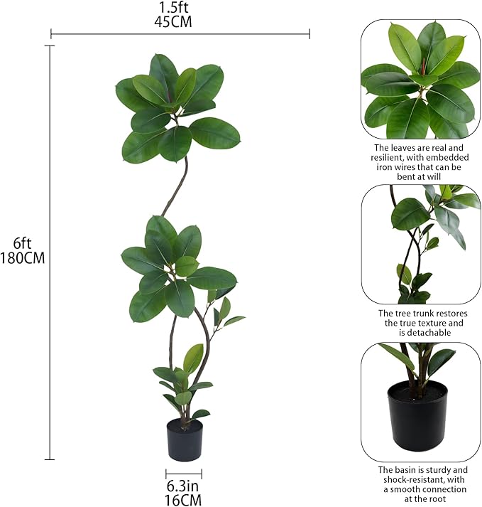 Artificial Rubber Tree Plant, 6ft Tall, Green with Round Planter, All Season Home Decor (Green,6ft)
