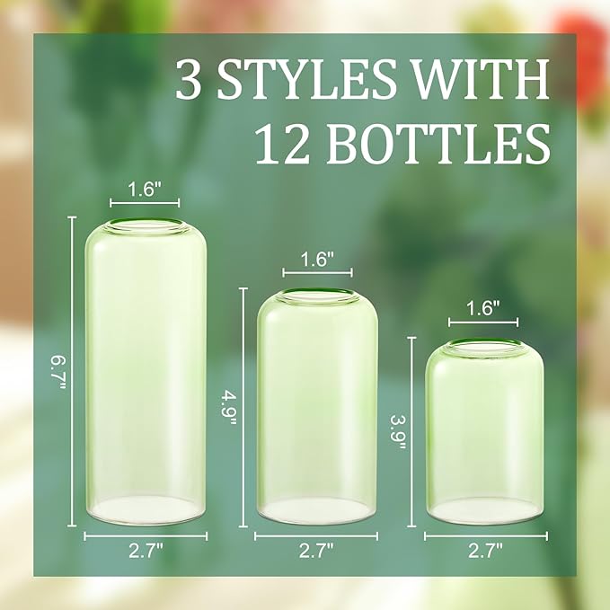 12Pcs Bud Vases Set, Glass Flower Vase for Centerpieces, Small Vases for Flowers, Decor Centerpiece for Bathroom, Decorative Vases for House Warming(Green)