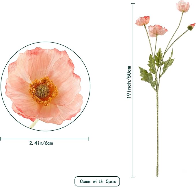 Artificial Poppy Flowers, 5 Bundles Faux Poppies with Stems for Floral Arrangements - Wedding, Home, Office, Party Table Centerpiece Decor (Pink)