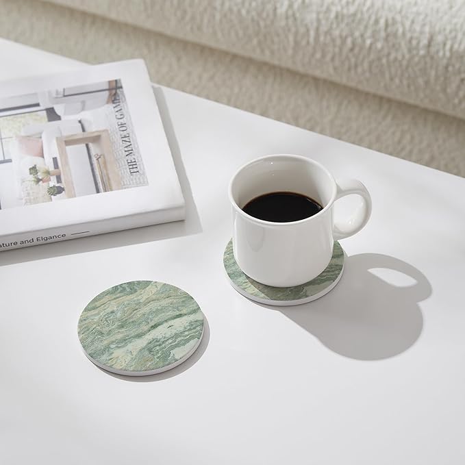 Set of 6 Sage Green Abstract Onyx Marble Coasters with Holder, Absorbent Ceramic Drink Coasters for Table Protection, Coffee Table Decor
