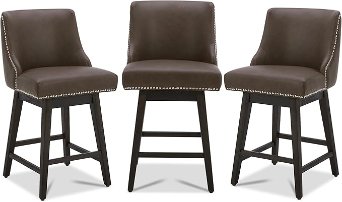 CHITA Counter Height Swivel Bar Stools Set of 3, FSC Certified Upholstered Counter Stools, Modern Swivel Barstools with Wood Legs for Kitchen Island, 26" Seat Height, Faux Leather in Chocolate