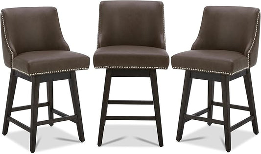 CHITA Counter Height Swivel Bar Stools Set of 3, FSC Certified Upholstered Counter Stools, Modern Swivel Barstools with Wood Legs for Kitchen Island, 26" Seat Height, Faux Leather in Chocolate