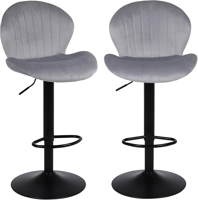 Modern Bar Stools Set of 2, Velvet Height Adjustable Swivel Barstools, Armless Kitchen Island Counter Chairs with Back & Footrest, Grey
