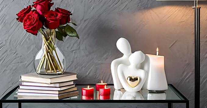 Mini Hugging Couple Statue Ceramic Lover Figurine Home Decor is a Romantic Gift for Her on Wedding Anniversary and Valentines, TV Stand Decoration Knick Knacks for Shelves (White)