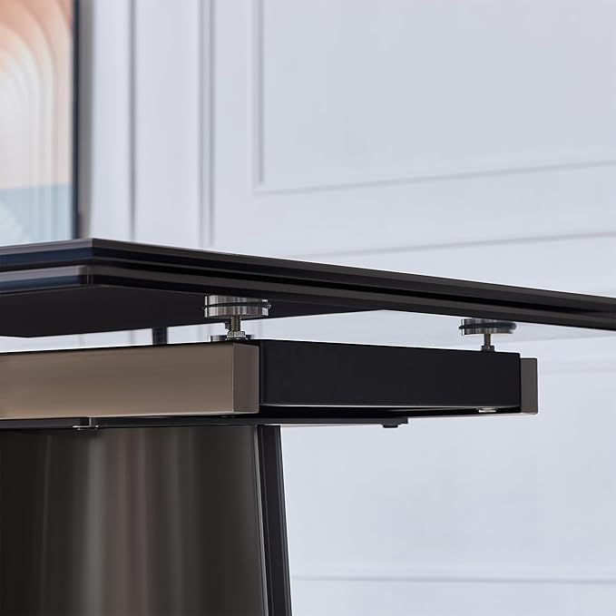 Extendable Dining Table for 8-12 Seat, Flexible Stretch, Tabletop Made from Rock Plate and Tempered Glass, Stable Stainless Steel Brushed Table Legs, 35.4"D x 106.3"W x 30.7"H, Pure Black