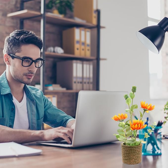 AlphaAcc 13.5 Inches Artificial Plant Sunflower Arrangement Realistic Orange Silk Fake Plants with Eucalyptus Stems in Rustic Rope-Striped Cement Planter Faux Potted Flowers for Home Décor Indoor