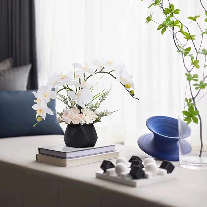 LESING Artificial Potted Orchid Flower for Table Centerpieces,Real Touch White Fake Orchid Flowers in Vase for Home Decoration (Style 2,Black Vase)