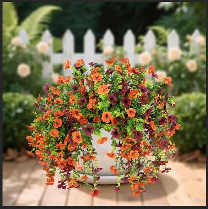 Artificial Flowers for Outdoors Decoration, 2 Pcs Outdoor Faux Plants Daisy with Eucalyptus Leaves Fall UV Resistant Fake Flowers Hanging Planters for Front Porch Patio Yard Door Garden Home Decor