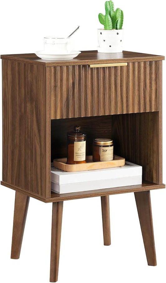End Table, Fluted Night Stand, Modern Side Table, Bedside Table with 1 Drawer and 1 Open Compartment, Mid Century Nightstand, for Living Room, Bedroom, Study, Office, Walnut ETWA6201