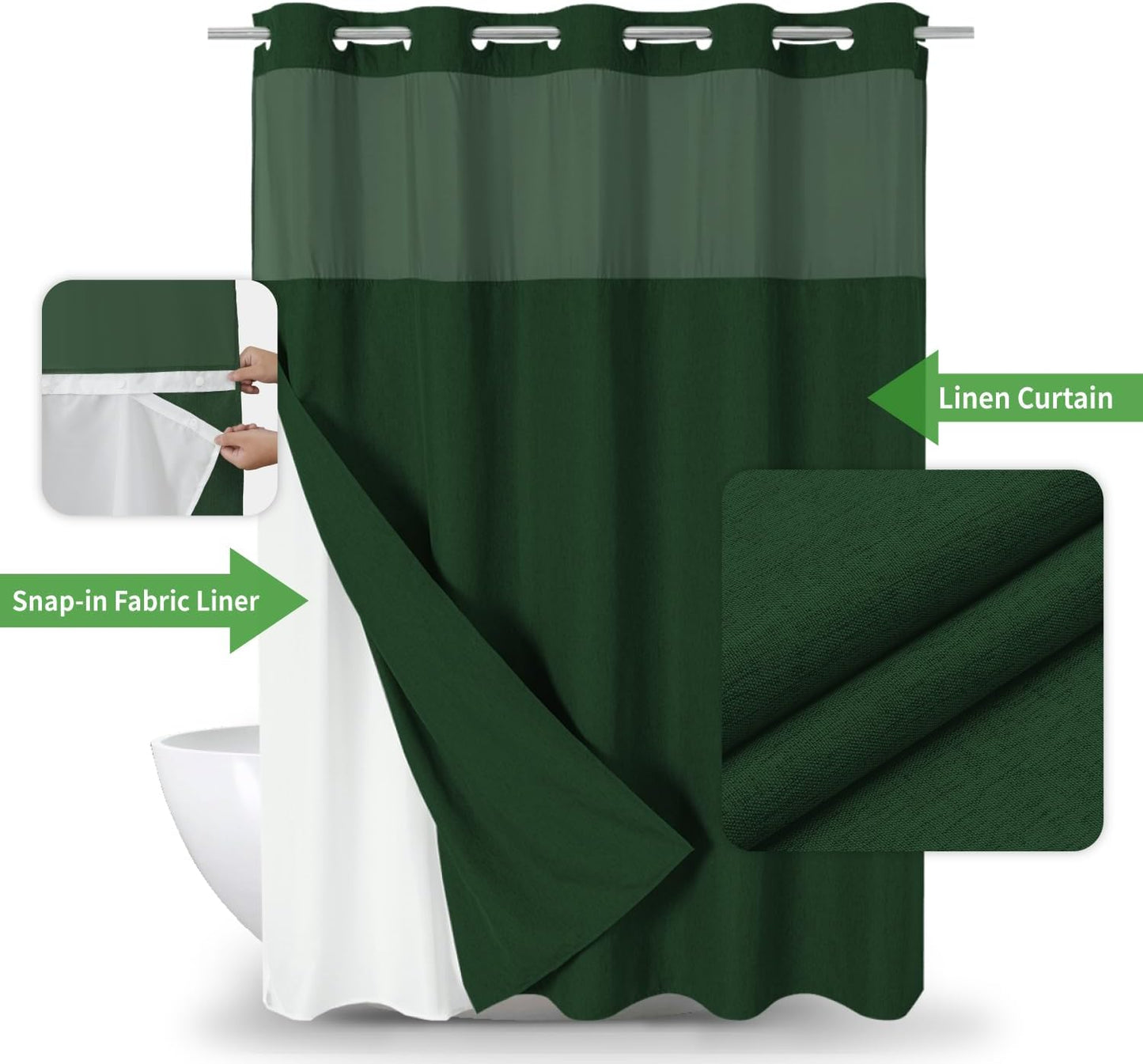 Extra Long No Hooks Needed Linen Textured Shower Curtain with Snap-in Fabric Liner Set,White Hotel Luxury Decor Shower Curtains for Bathroom,Waterproof & Washable,71Wx86H,Emerald Green