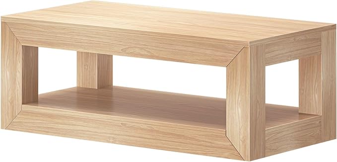 Plank+Beam 40" Modern Rectangular Coffee Table with Shelf, Solid Wood Center Table with Storage, 2 Tier Tea Table for Living Room, Blonde Wirebrush