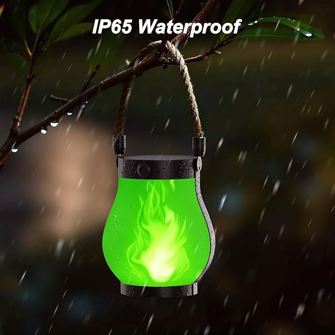 Hompavo Gen2 Solar Lanterns Outdoor Waterproof with Realistic Flickering Flame, Dual Charging (USB/Solar) & 2 Modes - Decorative Hanging/Table Lights for Patio Garden Porch Halloween Decor, 2/Green