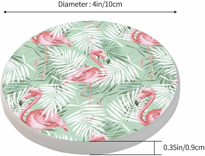 Flamingos and Palm Leaves Round Coaster for Home Coffee Table Watercolor Tropical Nature Birds Foliage Farmhouse Drink Coasters 100% Diatomite 4''X 4''X 0.35'' Printed Pattern