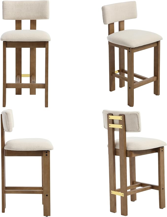 26” Counter Stools Set of 2 Counter Height Bar Stools with Back and Solid Wood Legs Modern Farmhouse Linen Upholstered Kitchen Bar Stools Countertop Chairs, Beige