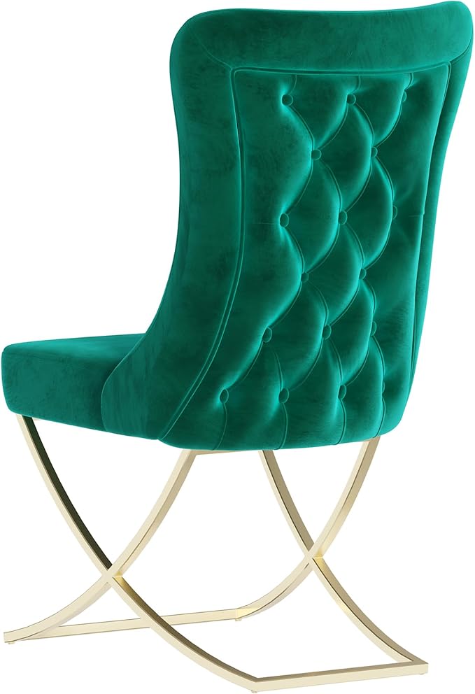 Ottomanson Royal Dining Chairs Set of 8 – Upholstered Tufted Microfiber, Assembled, Gold Metal Legs, Beech Wood Frame, 350 lb Capacity, Green