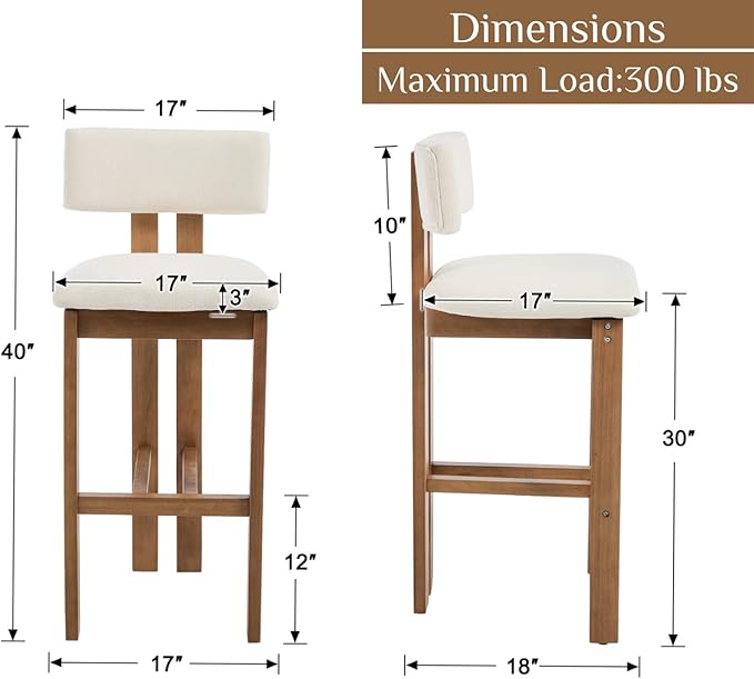 Upholstered Farmhouse Bar Height Bar Stools Set of 4 White Chenille Barstools with Back/Solid Wood Legs, Modern Tall Bar Chairs for Kitchen Island/Home Bar/Pub, 30 Inch