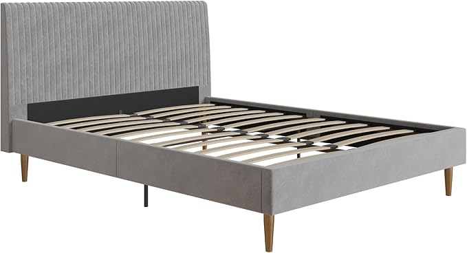 Mr. Kate Daphne Upholstered Queen Bed Frame with Headboard, Modern Platform Velvet Queen Bed Frame, Light Gray Velvet