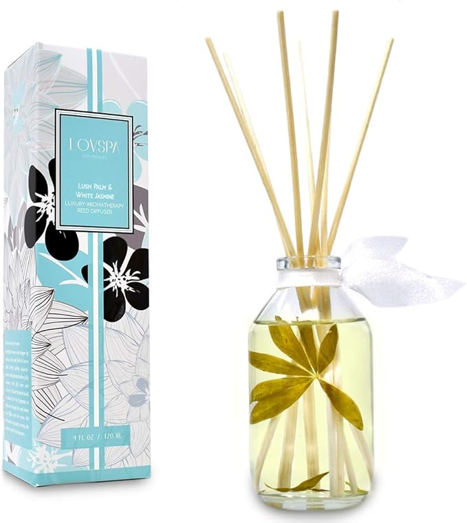 LOVSPA Reed Diffuser Set, Lush Palm & Jasmine Scented Oil Diffuser with Sticks, Home Fragrance Accessories for Bathroom Shelf Decor, Aroma Diffusers for Home or Office Desk, USA Made