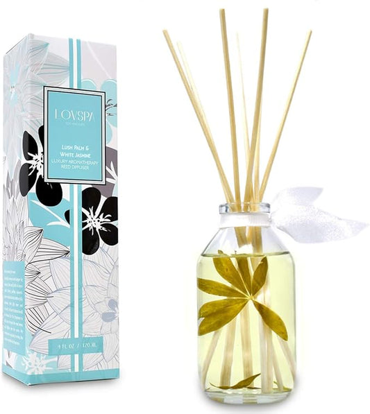 LOVSPA Reed Diffuser Set, Lush Palm & Jasmine Scented Oil Diffuser with Sticks, Home Fragrance Accessories for Bathroom Shelf Decor, Aroma Diffusers for Home or Office Desk, USA Made