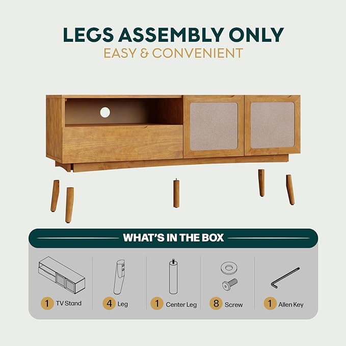 Calista TV Stand 1 Drawer 2 Door – Teak Brown Finish Media Console with Open Shelf & Fabric Panel Doors, Mid-Century Modern Style with Tapered Legs, Easy Assembly