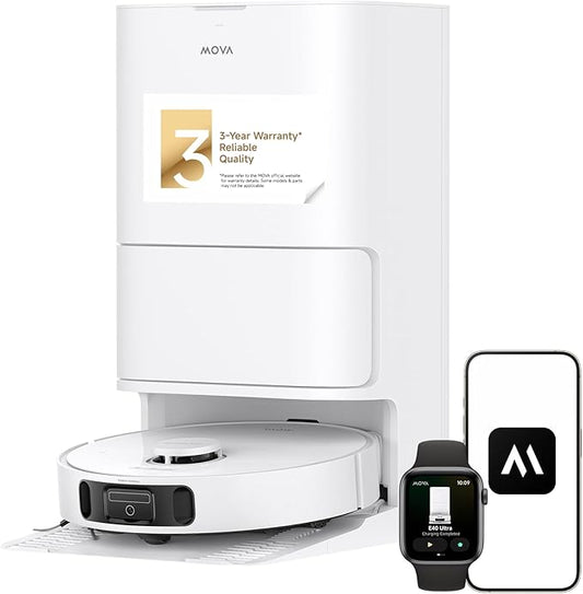 Mova E40 Ultra Robot Vacuum and Mop, 19,000Pa Suction, Extenable & Liftable Mop, All-in-One Station, Auto-Empty, Auto Washing & Hot Air Drying, 360°Obstacle Avoidance, App & Voice Control