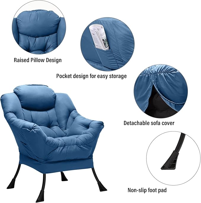 Welnow Lazy Chair with Ottoman, Modern Lounge Accent Chair with Armrests and a Side Pocket, Leisure Sofa Armchair, Reading Armchair with Footrest for Small Space, Royal Blue