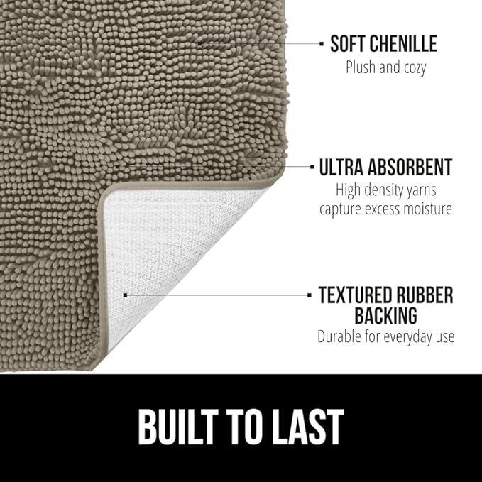 GORILLA GRIP Bath Rug Mat 30x20, Thick Soft Absorbent Chenille, Quick Dry Microfiber Mats, Rubber Backing Washable Shower Floor Rugs, Bathmat Runner, US Designed Bathroom Home Decor Accessories Latte