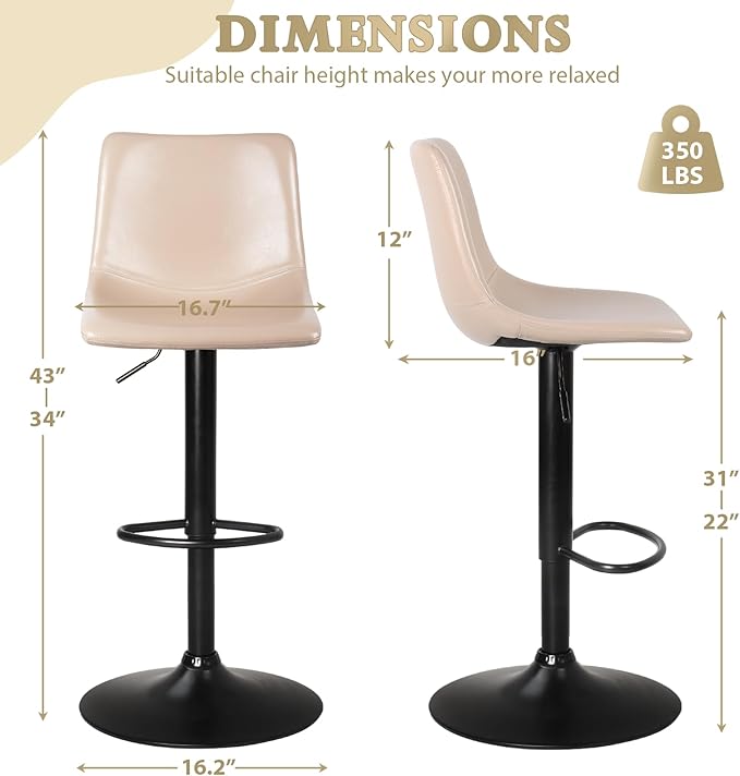 LEMBERI Bar Stools Set of 2, Modern Swivel Barstools Counter Height with Backrest, Faux Leather Upholstered Bar Chairs for Kitchen Island, Beige