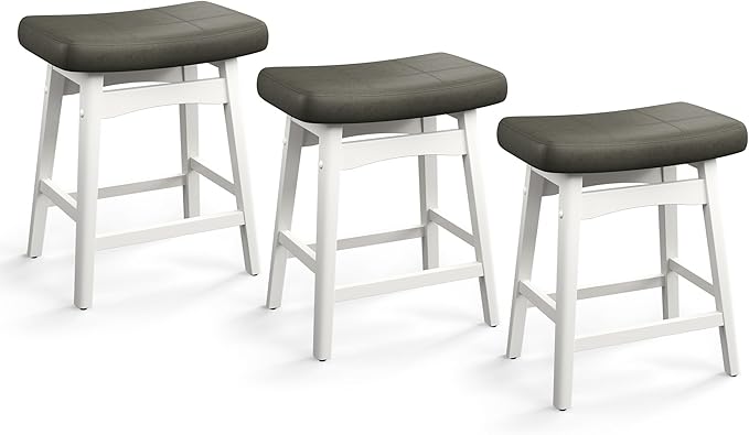 PHI VILLA Counter Height Bar Stools Set of 3,Farmhouse Barstools with Upholstered Saddle Seat, 24 inch Kitchen Counter Island Stools