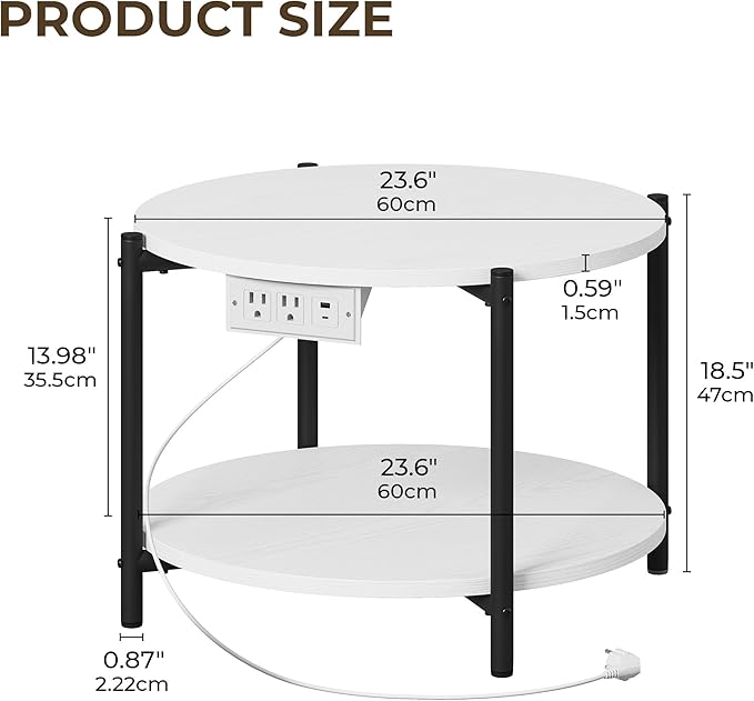 LIKIMIO Round Side Table Set of 2, 23.6" W End Table with Charging Station, Modern Wooden Nightstand for Small Spaces, Living Room, Bedroom, White