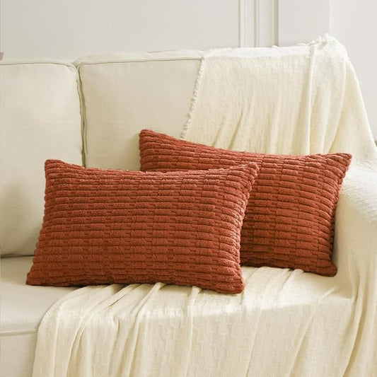 Fancy Homi 2 Packs Burnt Orange Lumbar Decorative Throw Pillow Covers 12x24 Inch for Living Room Couch Bed Sofa, Farmhouse Boho Fall Home Decor, Soft Striped Corduroy Rectangle Cushion Case