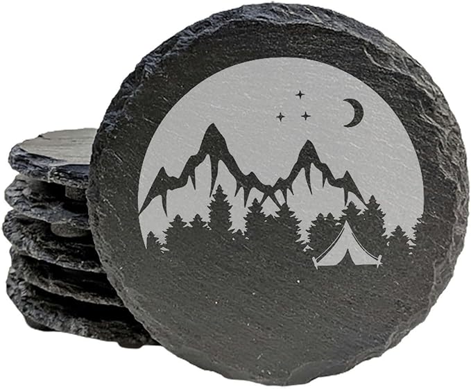 Mountain Majesty Slate Coasters with Stunning Mountain Scene Design - Perfect for Home and Office Decor and Protection of Surfaces, Available in Square or Round Coasters - Round Slate - Set of 5