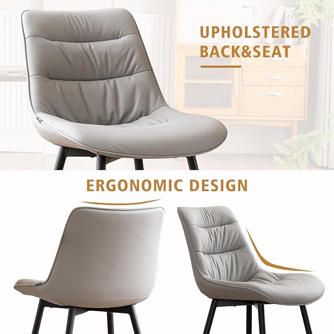 Kidol & Shellder Dining Chairs Set of 2, Modern Upholstered Faux Leather Kitchen Side Chairs with Comfortable Back - Mid-Century Armless Chair for Dining Living Room Bedrooms, with Metal Legs (Gray)