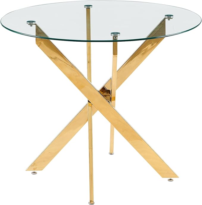 Dining Table for 4 Modern Round Dining Table 35.43" Kitchen & Dining Room Tables with Metal Legs and Glass Tabletop for Dining Room and Apartment, Gold