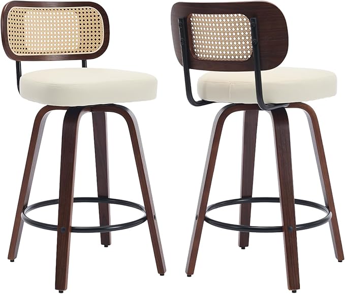 Swivel Counter Height Bar Stools Set of 2, 26 inch Bar Chairs with Curved Rattan Back, Upholstered PU Leather, Walnut Craftsmanship, Mid Century Modern Counter Stools for Kitchen Counter, Beige