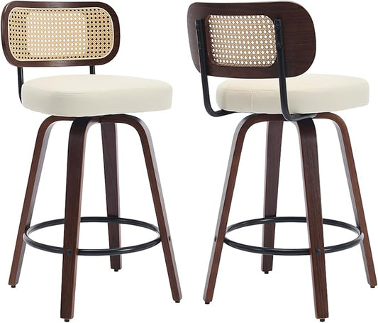 Swivel Counter Height Bar Stools Set of 2, 26 inch Bar Chairs with Curved Rattan Back, Upholstered PU Leather, Walnut Craftsmanship, Mid Century Modern Counter Stools for Kitchen Counter, Beige