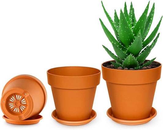 3-Pack 8/9/10 Inch Plastic Plant Pots with Saucers – Durable BPA-Free Planters with 21 Drainage Holes, Raised Bottom Breath and Bottom Watering Design for Indoor & Outdoor – Orange