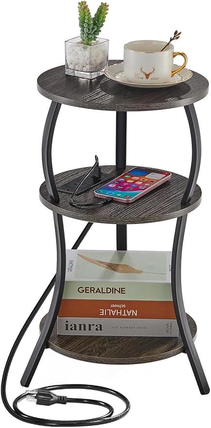 Small Round Side Table with Charging Station, 3-Tier Waist Circular End Table with Storage Shelf, Compact Tea Sofa Side Table Small Spaces, Round Corner Coffee Table for Living Room Bedroon,Grey