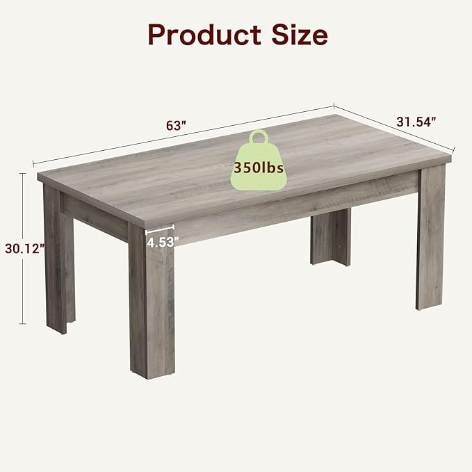 CABIHOME 63" Dining Table for 4-6, Large Farmhouse Rectangular Kitchen Dining Room Table, Wooden, Thick Frame & Sturdy Triangular Legs, Wood Strip Base for Small Space, Dinner, Kitchen, Rustic Gray