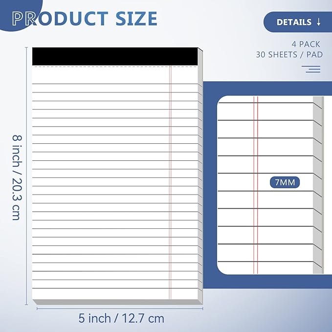 5" x 8" Note Pads 4 Pack of Legal Pads 21lb Notepad College Ruled Legal Pad 30 Sheets Perforated Small Writing Pads Double-Side Printed Pad of Paper for School, College, Office
