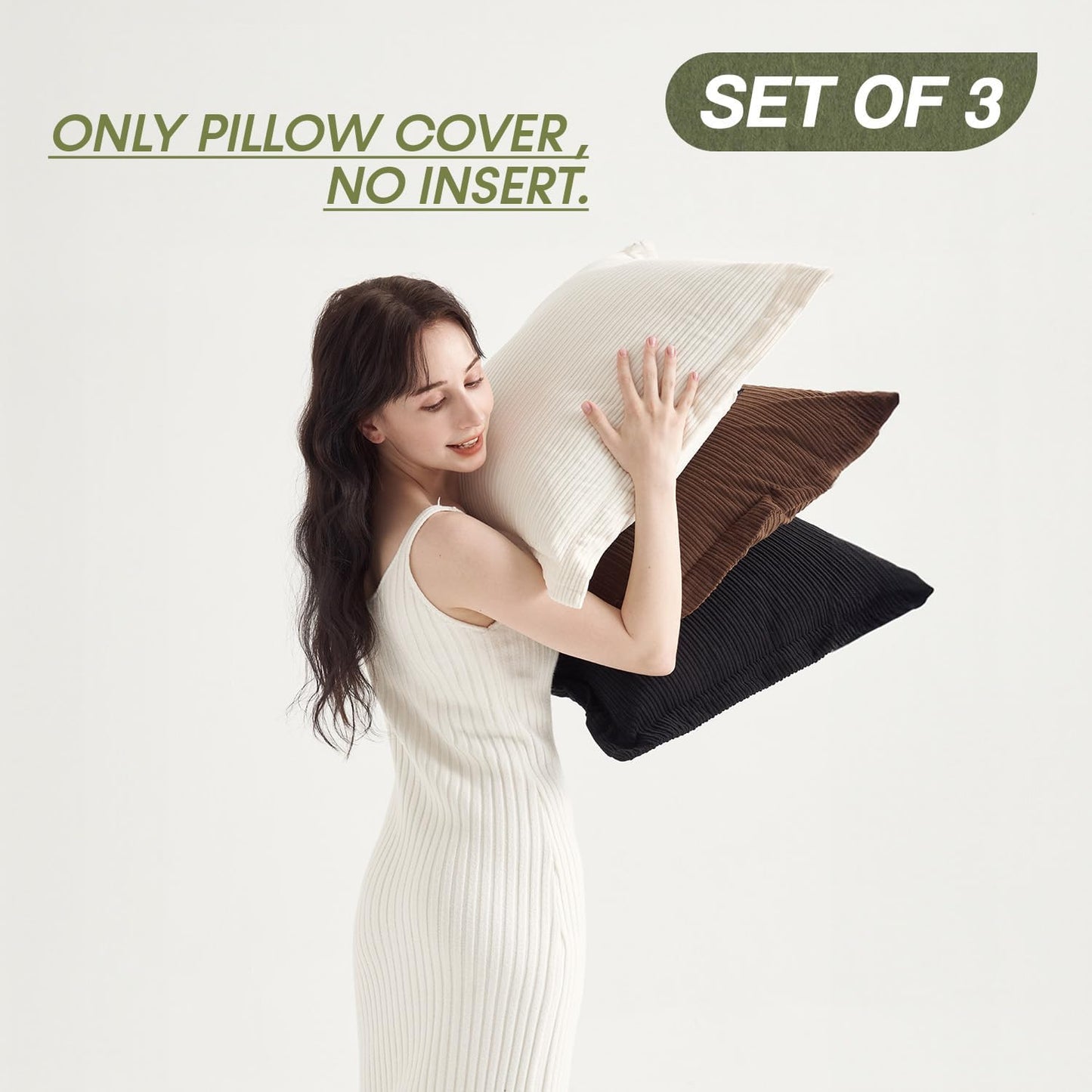 Set of 3 Vintage Decorative Throw Pillow Covers 22x22inch, Super Soft Striped Corduroy Euro Pillow Covers Rustic Home Decor for Modern Lounge Bedroom Living Room(Dark Brown, Black & White)