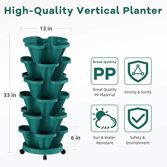 Strawberry Stackable Planters, Vertical Tower Garden, 6 Tiered Stacking Herb Vegetable Planters with Movable Casters and Bottom Saucer Indoor and Outdoor