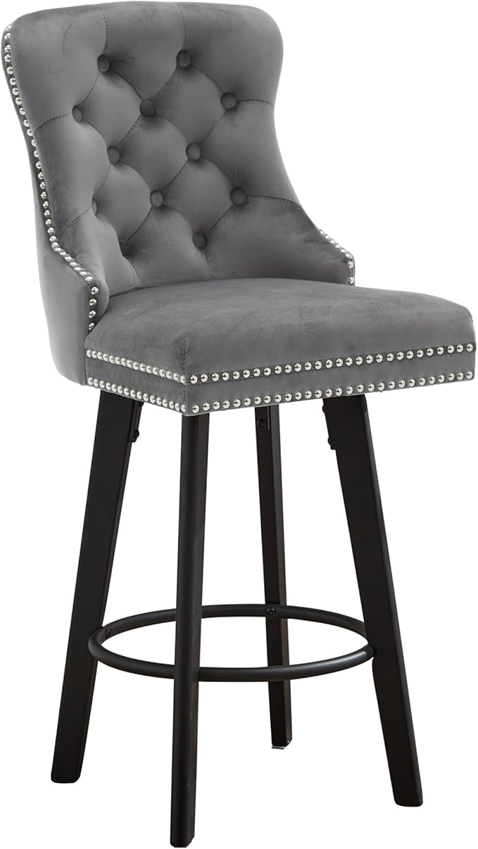 YISHENG Modern Swivel 27" H Seat Velvet Barstools with Backrest and Footrest,Button Tufted Rivet Trim Dining Room Chairs with Metal Pull Ring for Kitchen Island，Bistro, Home Bar，Gray 1PC