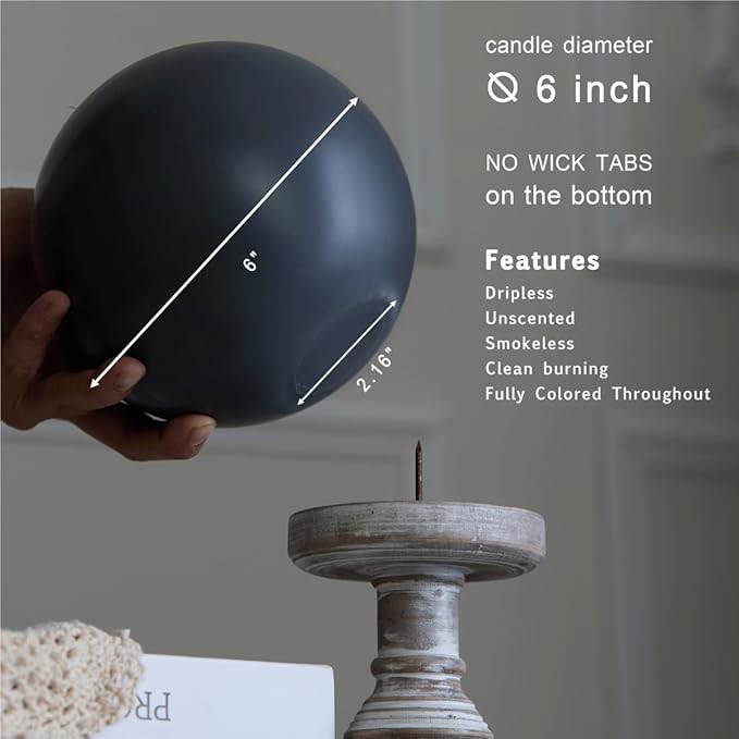 MOZEAL Hand-Poured, 6 Inch Dark Gray Large Round Ball Candles - Elegant Dark Gray Round Pillar Candles, Dripless, Unscented, Smokeless, Ideal for Modern Home Decor.